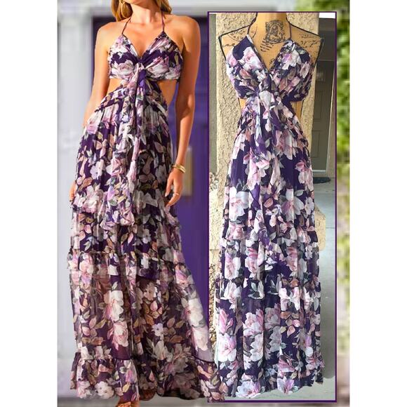 ASTR the Label Women's Kitsune Floral Cut-Out Halter Maxi Dress Size: L - Picture 2 of 12